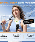 Woman holds Portable Clip-On Mini Fan Handheld Turbo Breeze With 180 Degree Rotation 3000mAh Battery 5 Speed Modes for cooling
