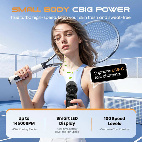 Woman holds Portable Clip-On Mini Fan Handheld Turbo Breeze With 180 Degree Rotation 3000mAh Battery 5 Speed Modes for cooling