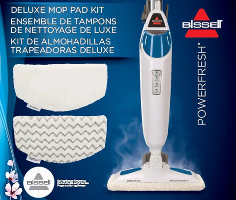 Genuine OEM PowerFresh Steam Mop Pads 2 Pack With Fragrance Discs 4 Count For PowerFresh Steam Mop Series And Symphony All In One Vacuum And Steam Clean For A Boss Level Clean Every Time shown with mop and pads.