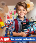Boy holding Mech Robot Transform Set With 786 Pieces Dual Design Building Block Kit Compatible With Lego for play