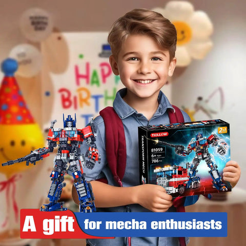 Boy holding Mech Robot Transform Set With 786 Pieces Dual Design Building Block Kit Compatible With Lego for play