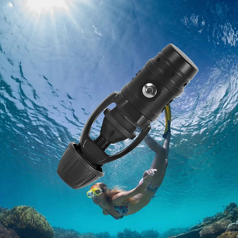 First Stage Scuba Regulator for Underwater Diving Gear with Low Resistance Yoke and Aluminum Alloy Body over ocean scene