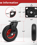8 Inch Heavy Duty Rubber Casters With 2200 Lbs Load Capacity Set Of Four, side and top view with size information for industrial use.