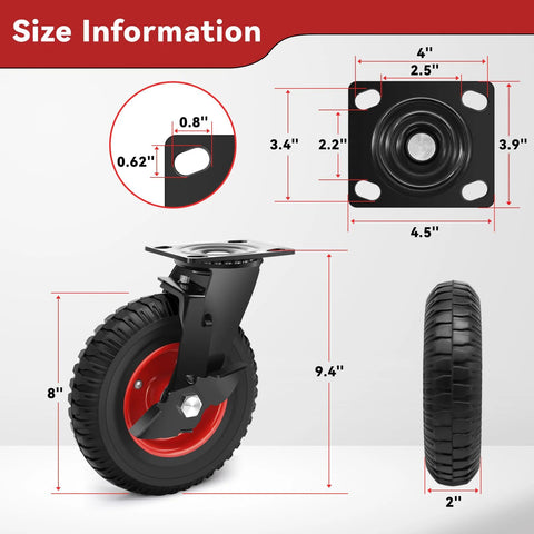 8 Inch Heavy Duty Rubber Casters With 2200 Lbs Load Capacity Set Of Four, side and top view with size information for industrial use.
