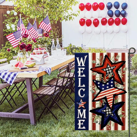 Patriotic Fourth Of July Garden Flag Burlap 12x18 Double Sided Stars And Stripes Yard Outdoor Decor on display near festive patio
