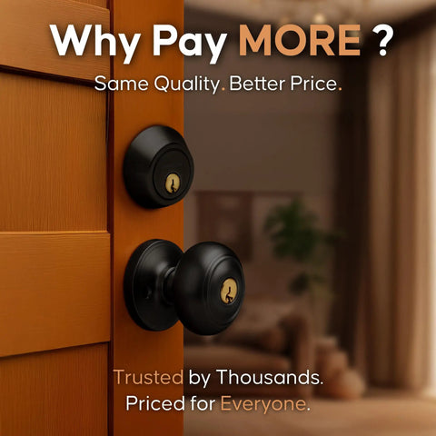 Colonial Door Knob Set With Keyed Alike Deadbolt Black Smudge Resistant Finish installed on a wooden door.