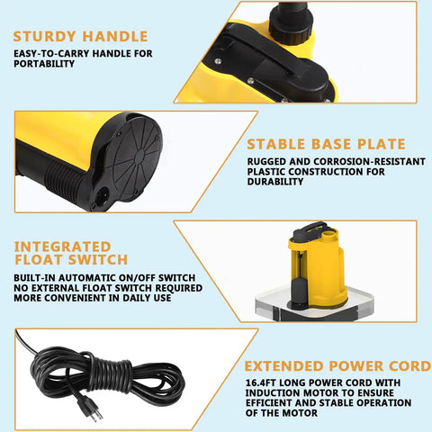 Half HP Submersible Sump Pump 2200 GPH For Clean Or Dirty Water with feature highlights including handle and switch