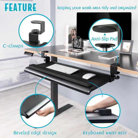 Big Ergonomic C Clamp Keyboard Tray With Slide Out Platform Under Desk And No Tool Setup showing features like wrist rest and clamps