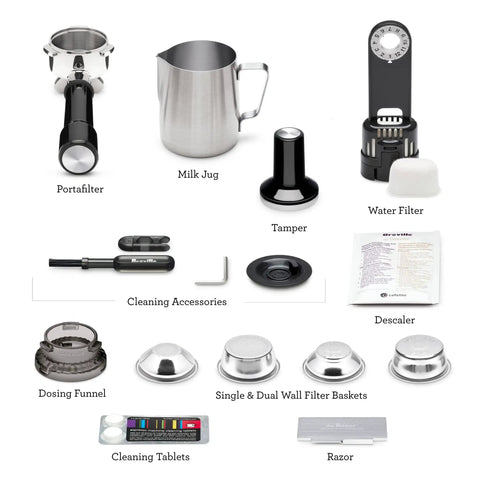 Components of Barista Express Inspired Espresso Machine With Built In Grinder including portafilter, milk jug, filter baskets