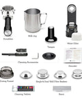 Barista Grade Espresso Machine With Integrated Conical Burr Grinder Bean To Cup Coffee Maker Featuring Manual Steam Wand For Creamy Microfoam And Show Stopping Latte Art In Modern Black Truffle Finish Top Shelf accessories including portafilter, milk jug, tampers, and cleaning tools.