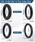 Honda Dirt Bike Tire And Inner Tube Set Front 2.50-14 Rear 3.00-12 diagram with measurements for XR70 CRF70 off-road bikes