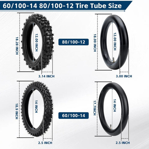 Honda Dirt Bike Tire And Inner Tube Set Front 2.50-14 Rear 3.00-12 diagram with measurements for XR70 CRF70 off-road bikes