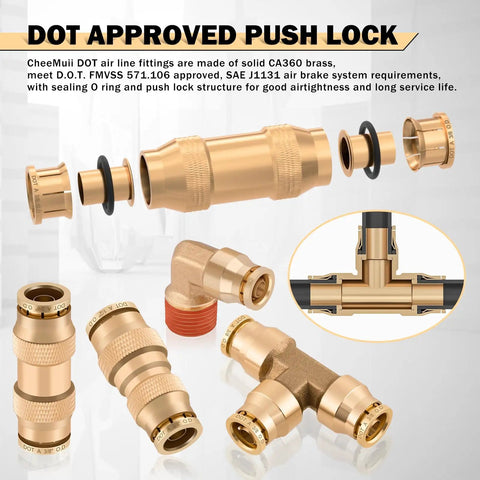 Brass DOT 124 Pcs Air Line Fittings Kit with 50 Ft Air Lines, Push Lock Quick Connects, shown with NPT elbows and tees