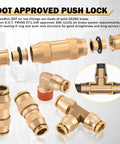 Exploded view of brass DOT air line fittings kit with push-lock connectors and 50 ft hoses in 1/4, 3/8, 1/2 in.