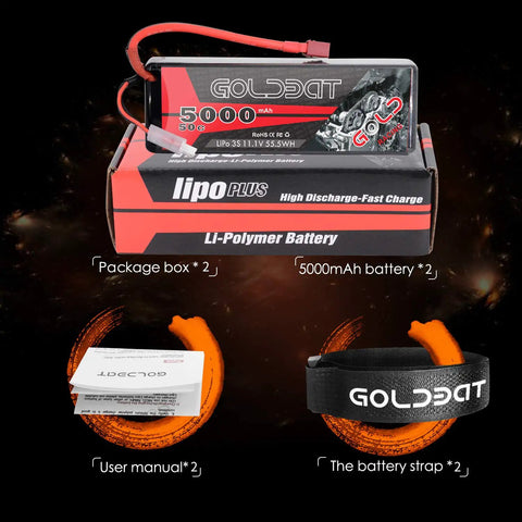 LiPo RC Battery Pack 11.1V 5000mAh 3S 50C with hard case and T connector displayed with package box, user manual, and strap