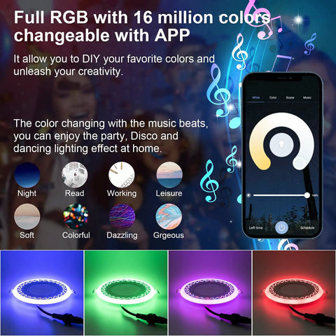 LED downlight app control display, RGB color options, music sync, 4-Inch Smart Recessed LED Lights With Junction Box, 9W 600LM