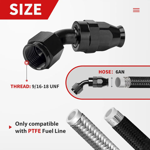 Close-up of 6AN PTFE fuel line fittings showing thread size 9/16-18 UNF, part of 6AN 25 Ft PTFE Fuel Line Kit For LS Swap EFI E85.