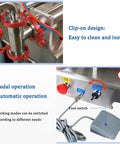 Hassle Free Pneumatic Double Head Bottle Filler Machine Semiauto Liquid Dispenser showing clip-on design and foot switch.