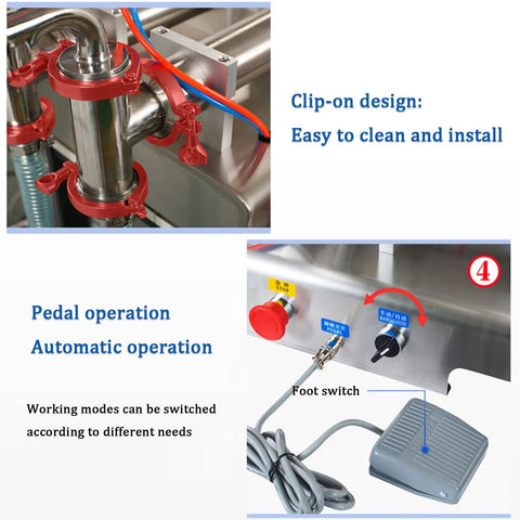 Hassle Free Pneumatic Double Head Bottle Filler Machine Semiauto Liquid Dispenser showing clip-on design and foot switch.