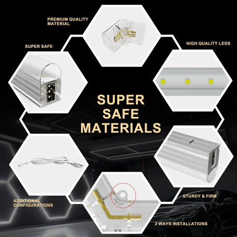 Hexagon LED Garage Light Kit 24 Pack Ultra Bright Ceiling Tubes 192W 23040LM 6500K Grid System For Auto Detailing Shop And Garage Lighting Ideal For Car Care And Setup That Is Lit components and features showcase, detailing materials and configurations, including LED quality and installation options.