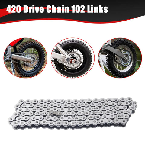 Beefed Up 420 Drive Chain 102 Link with chain breaker for pit bikes, showing chain detail and installation examples on tires.