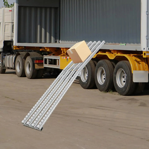 Foldable Unpowered Conveyor Roller Table Made To Last, Heavy Duty PE Belt With Four Rows Of Wheels For Warehouse Loading Dock And Factory, 78.74 Inches Long, angled view with package being loaded into truck.