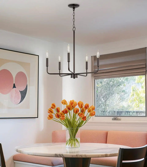 Modern 22 Inch 5 Light Candle Style Chandelier In Oil Rubbed Bronze Finish With Open Frame Design Ideal For Entryway Or Dining Room