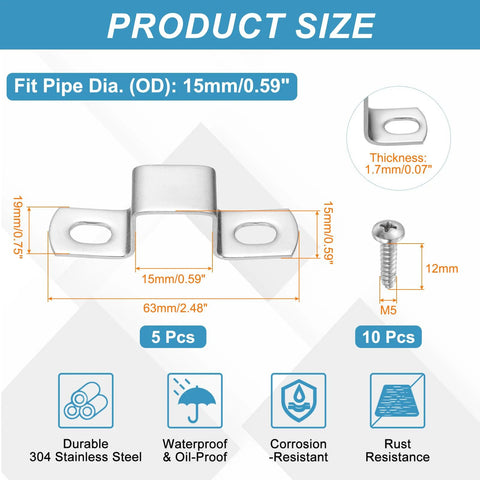 Diagram of 304 stainless steel pipe clamps 15x15mm with measurements and self-tapping screws, showcasing durability and corrosion resistance.