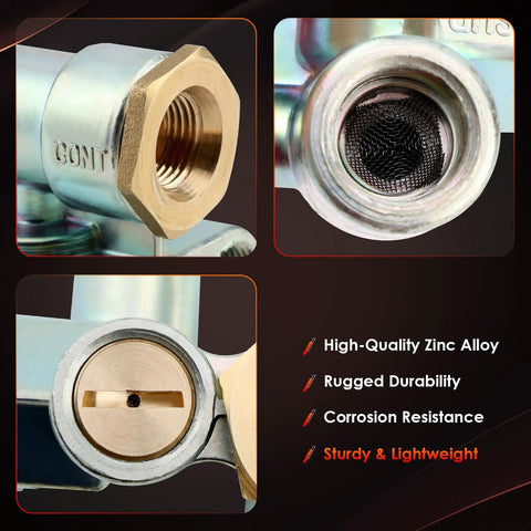 Trailer Priority Brake Control Valve Replacement With Three Eighths Inch Ports No Fuss Emergency Stop Parking 2 Pack Replaces 110500X 170.110500 065438 51131 Made For Rugged Trailer Braking close-up showing zinc alloy material and port details.