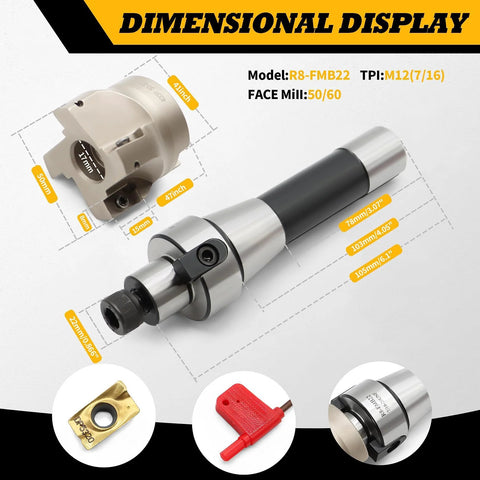Angled side view of R8 shank face mill arbor with 50mm shell cutter; includes 10 APMT1604 carbide inserts and T15 wrench