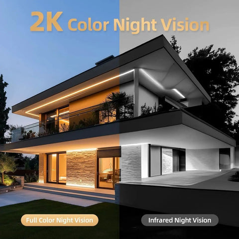 2 Pack Solar Powered Security Cameras Wireless Outdoor 2K WiFi Cameras With AI Motion Detection Color Night Vision on modern house