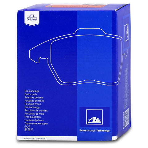 Premium Semi Metallic Disc Brake Pads Delivering Kickass Stopping Power And A Precise Factory Fit For Your Daily Driver Or Street Build packaging box with ATE logo.