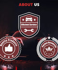 Image of badges highlighting efficient service, quality products, and perfect resources for automotive services.