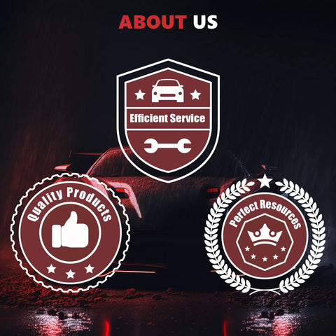 Image of badges highlighting efficient service, quality products, and perfect resources for automotive services.