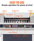 VEVOR Heavy Duty Electric Hydraulic Paper Cutter 18 Inch Cutting Width With Four Inch Thick Capacity Industrial Paper Trimmer Machine Featuring Button Control interface with buttons for precision cuts.