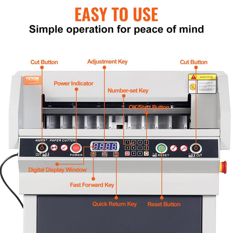 VEVOR Heavy Duty Electric Hydraulic Paper Cutter 18 Inch Cutting Width With Four Inch Thick Capacity Industrial Paper Trimmer Machine Featuring Button Control interface with buttons for precision cuts.