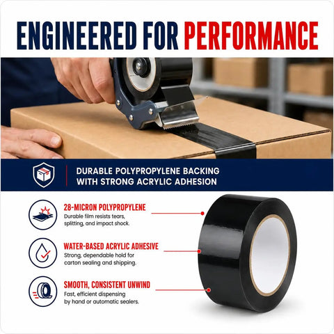 Heavy Duty Black Packing Tape, 2 Inch By 110 Yards, Acrylic Adhesive Box Sealing Roll being used to seal a carton box.