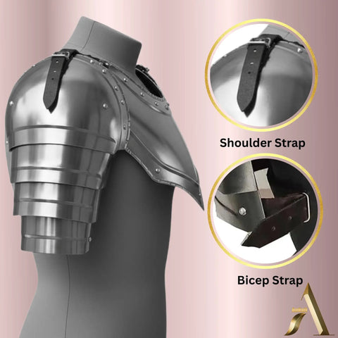 Medieval Steel Gorget With Pauldrons Armor Set For LARP And Cosplay, Knight Viking Crusader Style Shoulder Guards close-up on straps