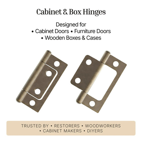Beefy Antique Brass Non Mortise Cabinet Door Hinge Set Featuring Pro Grade Steel Build For Furniture Hardware And Smooth As Butter Swinging Action Pack Of Four Pieces, showing two hinges.
