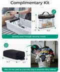 Clear travel kit and black laundry bag with dimensions near washing machine.