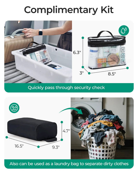 Clear travel kit and black laundry bag with dimensions near washing machine.