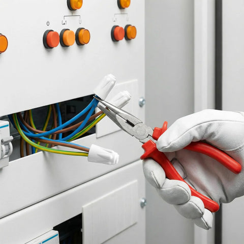 Close-up of white ceramic wire connectors being crimped onto electrical wires with red-handled pliers near a control panel.