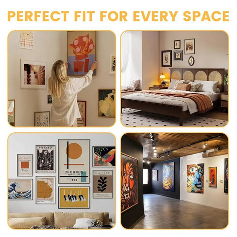 Sixty Piece Premium Sawtooth Picture Hangers With Matching Wall Screws And Utility Bag in stylish gallery wall settings.