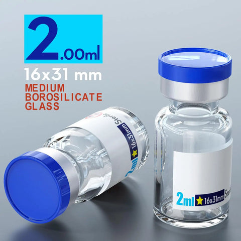 Sterile Empty Vials With Self-Healing Injection Port And Aluminum Plastic Cap Pack Of 10, 2mL Clear Glass Vials For Lab Use, Sterile Packaging, Leak-Free Seal, Ready For Precise Dose Handling. 2mL clear borosilicate glass vials with blue caps
