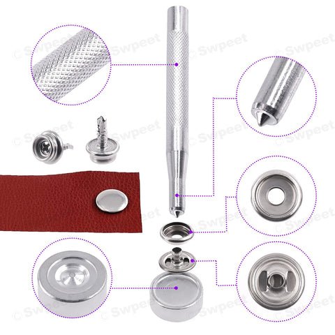 62Pcs Canvas Snap Kit for Marine Canvas Upholstery and Boat Covers, Stainless Steel Pro Grade Marine Fasteners shown in parts