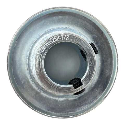 Top view of Two Point Five Inch Outer Diameter One Groove Web Sheave V Belt Pulley Seven Eighths Bore Carbon Steel Zinc Plated