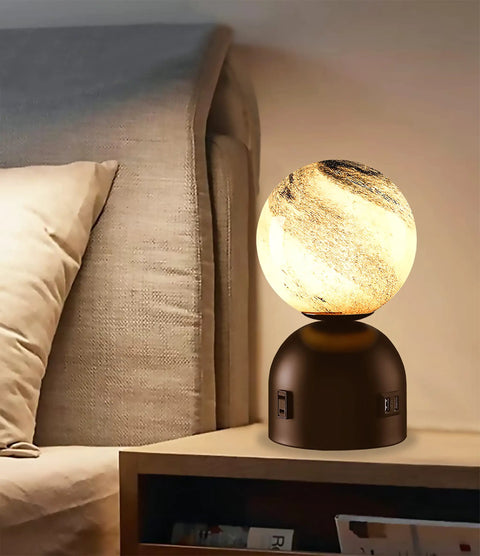 Small Touch Bedside Table Lamp With USB Port And Outlet on nightstand, glass globe Mars texture shade, cozy glow in bedroom