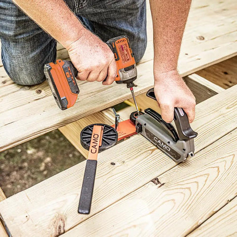 Edge Deck Tool For Hidden Fastening With 1/16 Inch Spacing, Fits 5 1/4 To 5 3/4 Inch Wood Decking, in action on wood deck