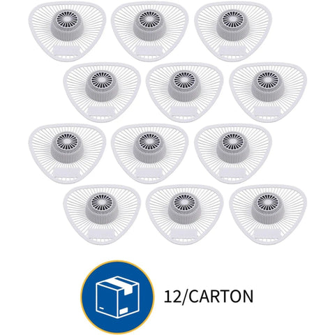 Top view of 12 Non Para Green Apple Scent Urinal Screens with Blue Dye Indicator, water-soluble design for odor control and sanitation.