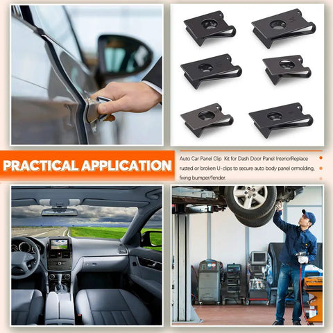 225 Piece SAE U Nut Clip Assortment Kit with six sizes in auto applications and storage box, practical use for car interior.